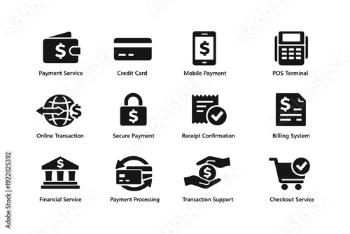 Icon set illustrating digital payment and banking services