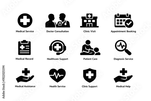 Healthcare icons set: medical service, doctor consultation, clinic visit, appointment booking