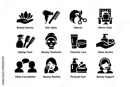 Beauty service icons: haircare, salon, skincare, consultation, styling tools, personal care