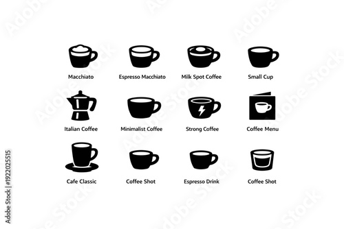 Coffee icons set: macchiato, espresso, milk spot, minimalist, strong, cafe classic