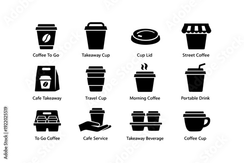 Icon set of coffee takeaway and beverage containers
