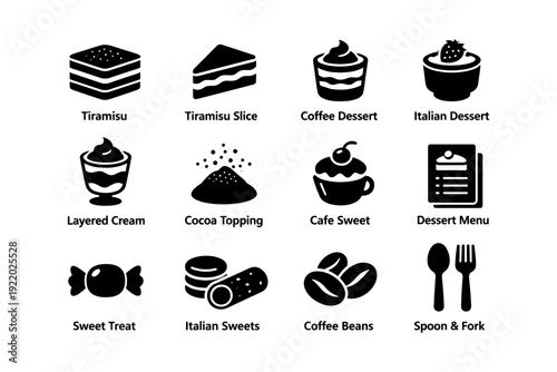 Dessert icons set: tiramisu, coffee, italian sweets, menu, utensils