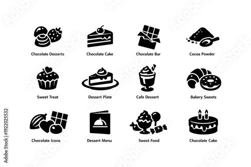 Chocolate dessert icons collection featuring cake, bar, and cocoa powder