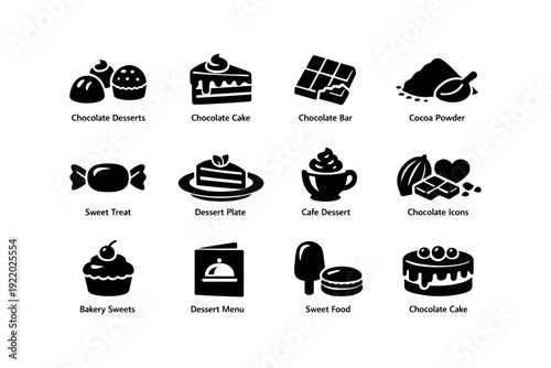 Collection of chocolate dessert icons with cake, sweets, and cocoa elements