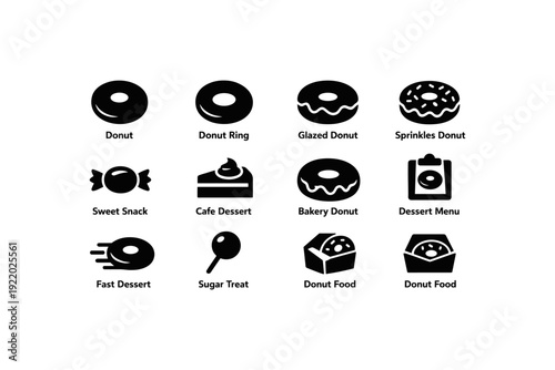 Black and white icons of various donuts and sweet treats