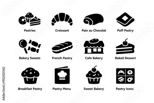 Variety of pastries and bakery icons including croissant and muffin