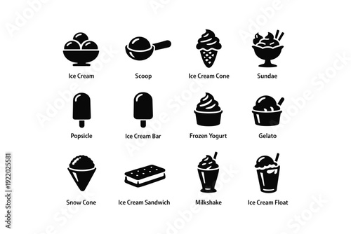 Black icons of ice cream, sundae, popsicle, and milkshake variants