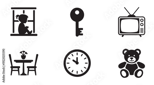 Set of six black silhouette icons representing domestic life and common household objects and scenes