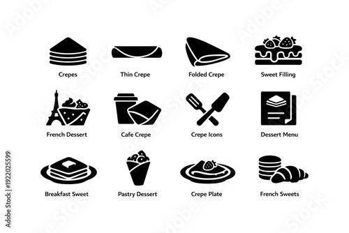 Illustrated crepe and dessert icons featuring french sweets and pastries