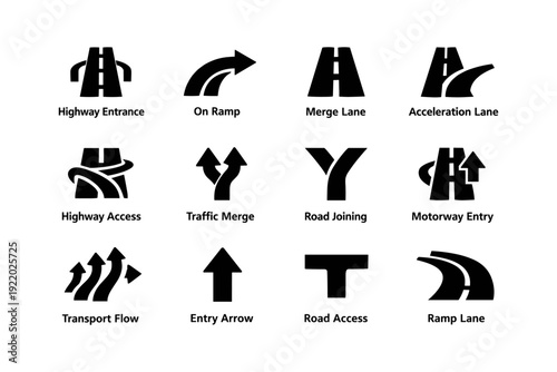 Traffic sign icons: highway, ramp, merge, lane, access, entry, flow, joining, arrow, transport