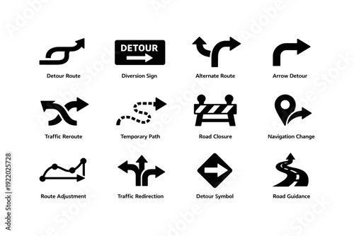 Road sign icons: detour, diversion, symbols for traffic redirection and guidance