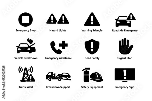 Emergency icon set: stop, hazard, warning, roadside, safety symbols
