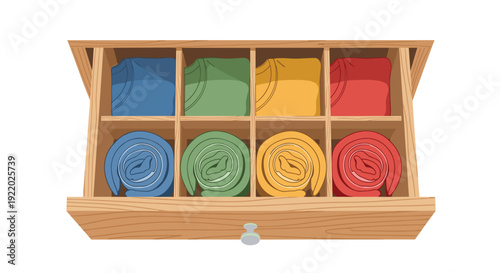 An open light brown wooden dresser drawer features multiple compartments filled with colorful folded and rolled t-shirts.