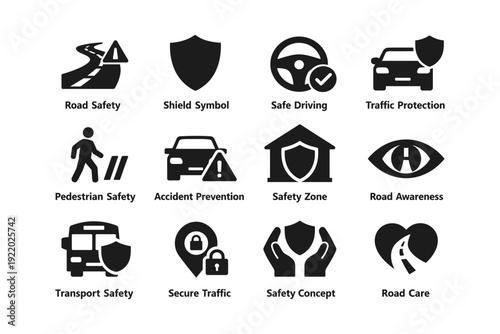 Road safety icons: traffic protection, pedestrian safety, safe driving, accident prevention, safety zone