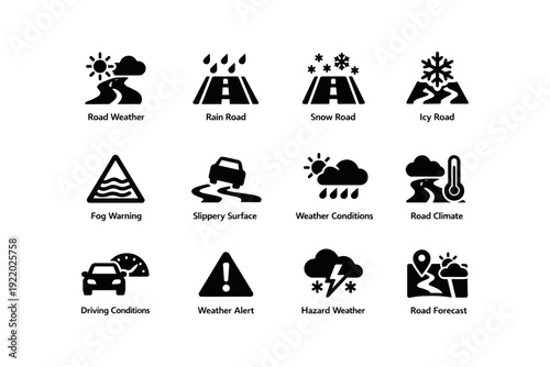 Weather road icons: rain, snow, fog, and hazard alerts for safe driving