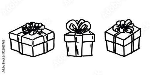 Set of hand drawn present box with ribbons Birthday present clipart Christmas gift Holiday doodle For design, print, web, decor, greeting card, sale