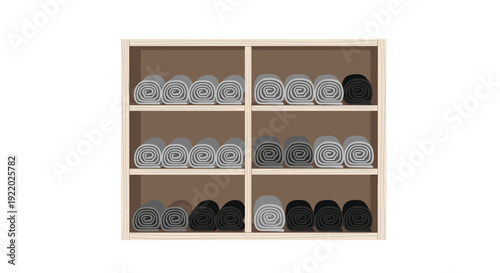 Multiple rows of neatly rolled up grey and black soft towels are perfectly organized on a light brown wooden shelf unit.