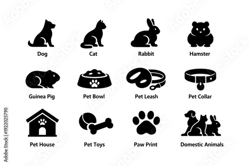 Silhouette icons of pets and accessories: dog, cat, rabbit, hamster, pet supplies