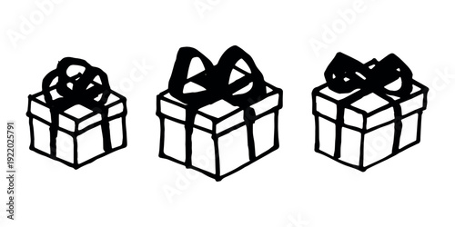 Set of hand drawn present box with ribbons Birthday present clipart Christmas gift Holiday doodle For design, print, web, decor, greeting card, sale