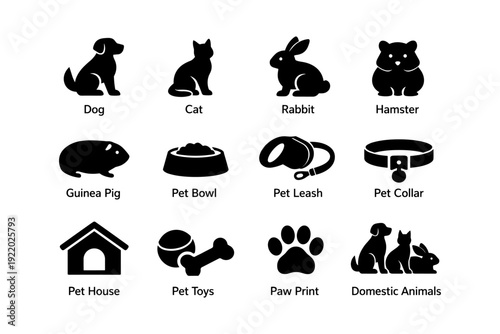 Silhouette icons of common domestic animals and pet accessories