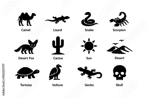 Desert wildlife silhouettes: camel, lizard, snake, scorpion, sun, and more