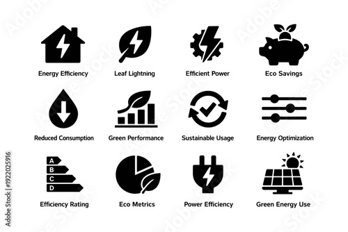 Energy efficiency icons: sustainable power and eco savings symbols
