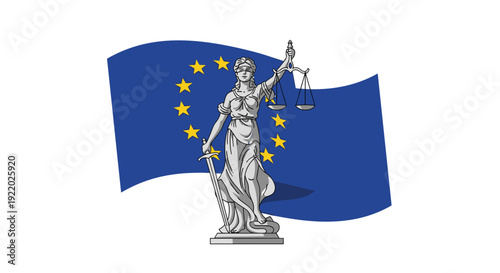 A classic statue of Lady Justice holding scales and a sword stands prominently in front of a waving European Union flag.
