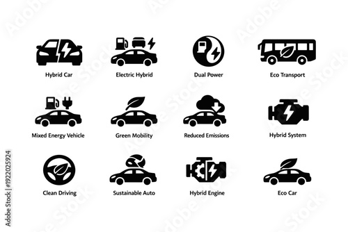 Eco-friendly transport icons: hybrid cars, electric vehicles, green mobility symbols