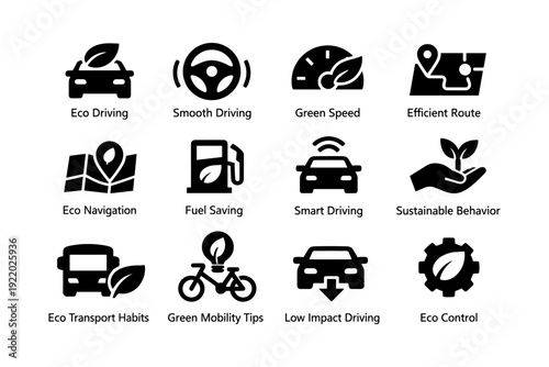 Eco-friendly transportation icons: green driving and sustainable mobility symbols