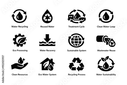 Eco-friendly water recycling and sustainability icons for treatment and reuse