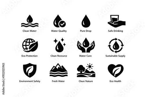 Icons of water conservation and sustainability for clean, safe drinking resources