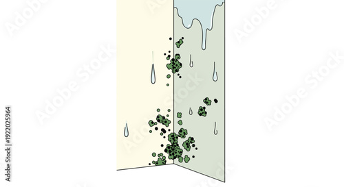 Dark green and black mold spots are visibly growing on a beige and gray corner wall with water dripping down.