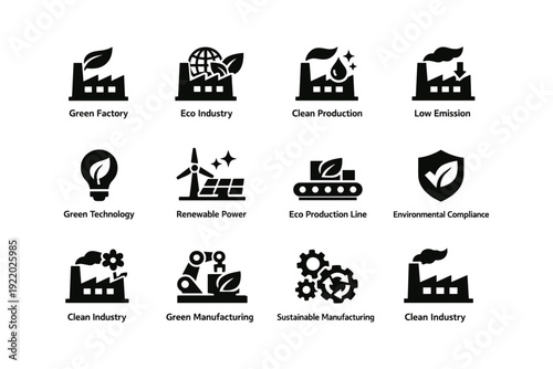 Sustainable industry icons: green, eco-friendly, renewable, clean technology, environmental compliance