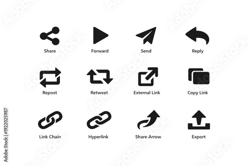 Share and communication icons: share, forward, reply, link, export symbols