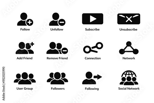 Social media icons set: follow, subscribe, add friend, connection, network
