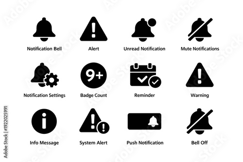 Notification and alert icons set: bell, alert, settings, push, warning symbols
