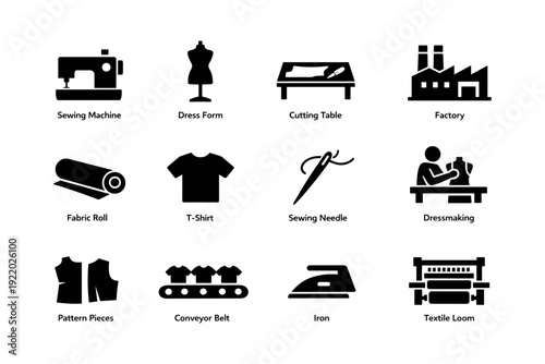 Sewing and textile icons: sewing machine, dress form, cutting table, and more