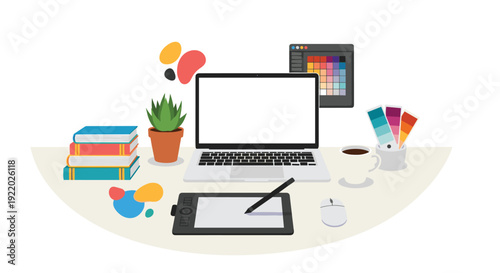 A creative workspace displays a laptop, graphic tablet, stacked books, a potted plant, coffee, and color palettes.