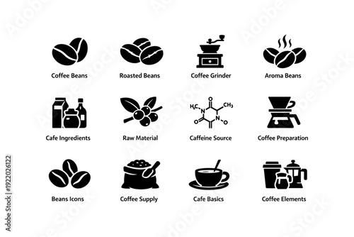 Coffee icon set: beans, grinder, ingredients, caffeine, brew methods