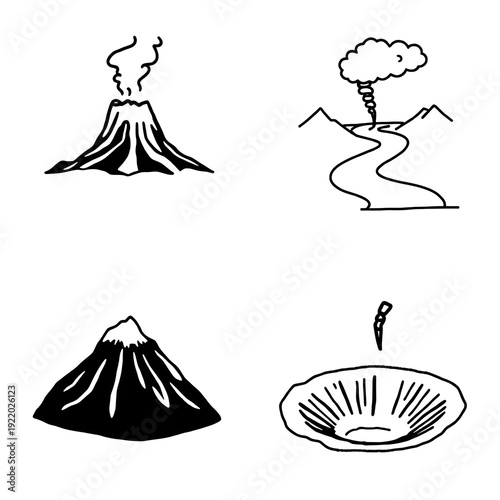 Set of hand-drawn geology icons featuring an erupting volcano, mountain river, smoke cloud, and crater presented in simple black outline and solid silhouette styles
