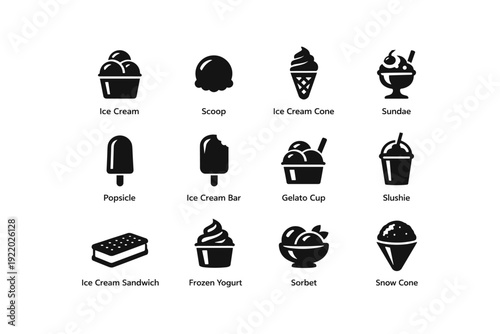 Variety of ice cream icons: cones, bars, sorbet, sundae, frozen yogurt