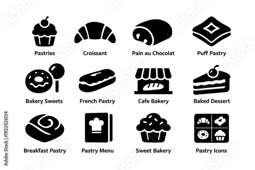 Assorted pastry icons: cupcake, croissant, eclair, bakery sweets, puff pastry
