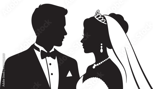Wedding couple silhouette of bride and groom facing each other with elegant attire on white background isolated
