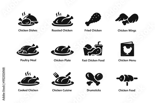 Chicken cuisine icons: roasted, fried, wings, poultry meal, fast food
