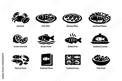 Seafood icons: crab, fish, shrimp, lemon, ocean, grilled, cuisine, menu, platter variety