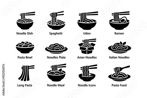 Noodle icons set: spaghetti, udon, ramen, pasta bowls, asian and italian noodles