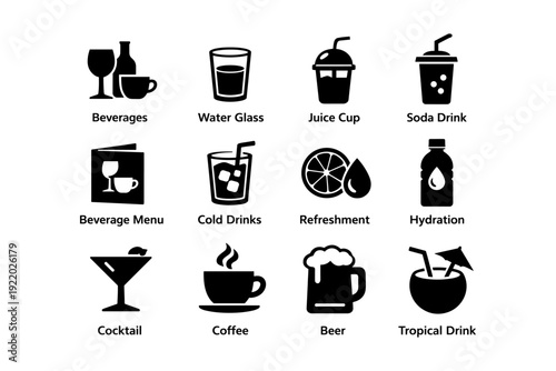 Icons of beverages: coffee, beer, juice, soda, and water glass illustrations