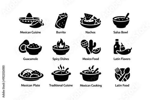 Icon set featuring burrito, nachos, salsa, guacamole, and more mexican cuisine elements