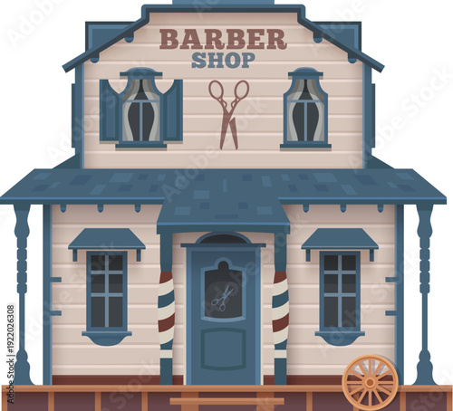 Western town barbershop cartoon building. US ancient city wooden construction, Texas Wild West barbershop vector house facade. American Western town two storey building or USA history home porch