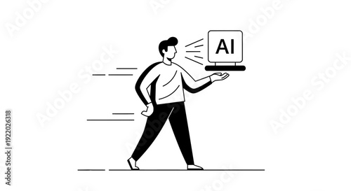 Man holding a computer with the letters AI on the screen, representing artificial intelligence and the future of technology, concept of innovation and progress